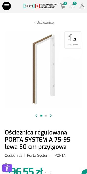 NOWA Ościeżnica regulowana PORTA SYSTEM A 75-95 lewa 80cm przylgowa