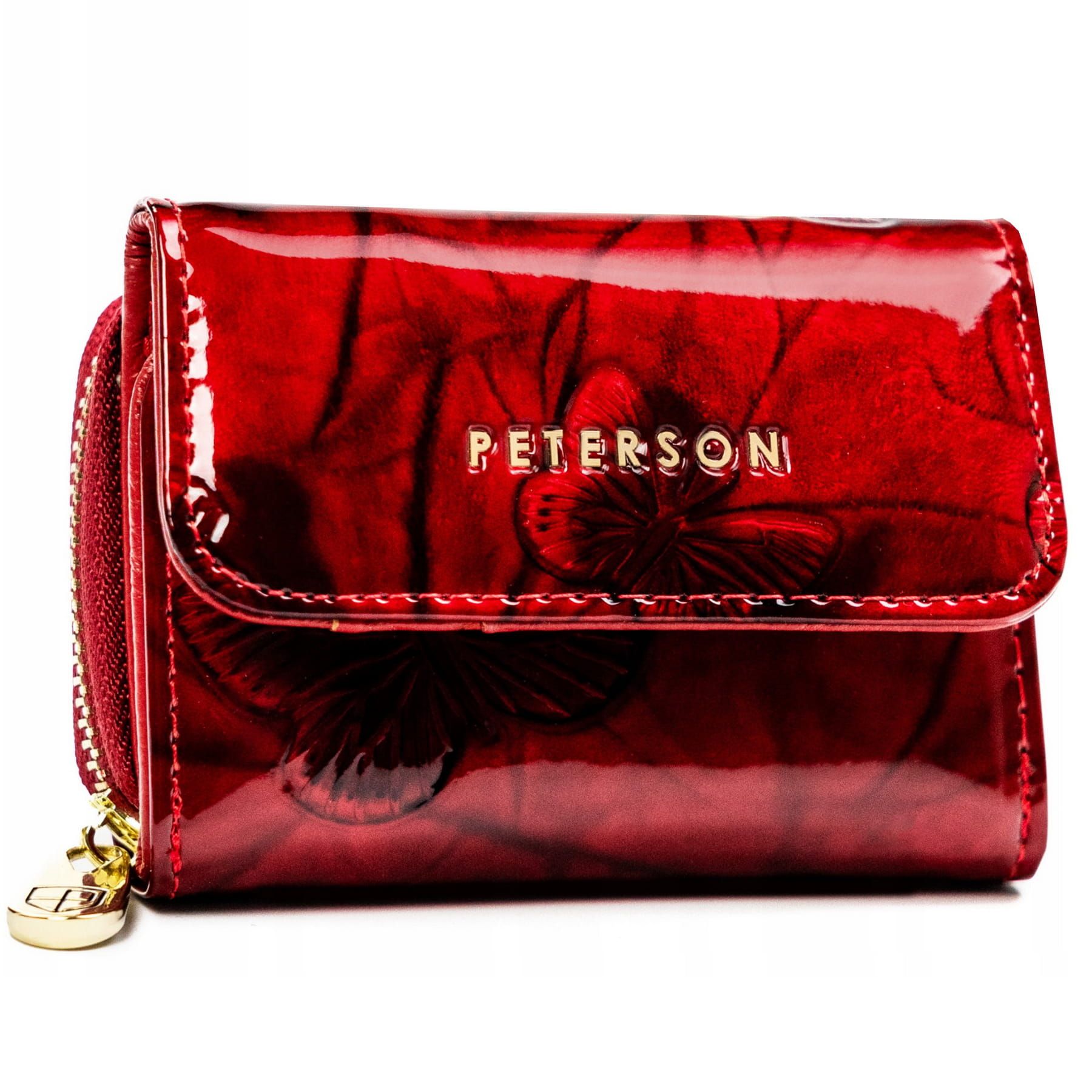 PETERSON portfel damski skórzany mały z motylami P198 czerwony