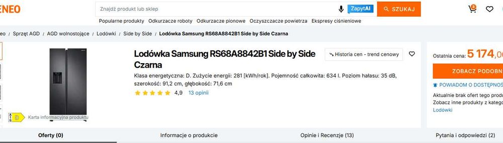 OUTLET nowa Lodówka Samsung kostkarka RS68A8842B1 Side by Side K5