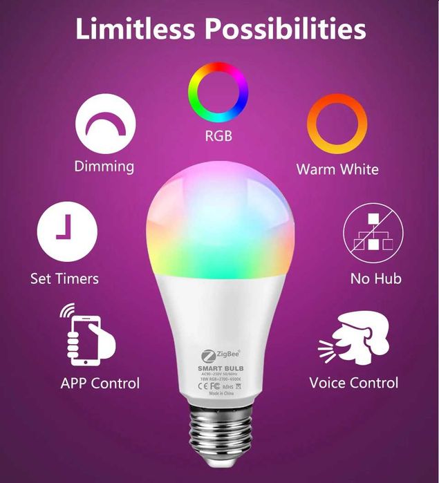 Умная Zigbee Led лампа 18Вт E27 RGB+CCT Tuya Smart Home