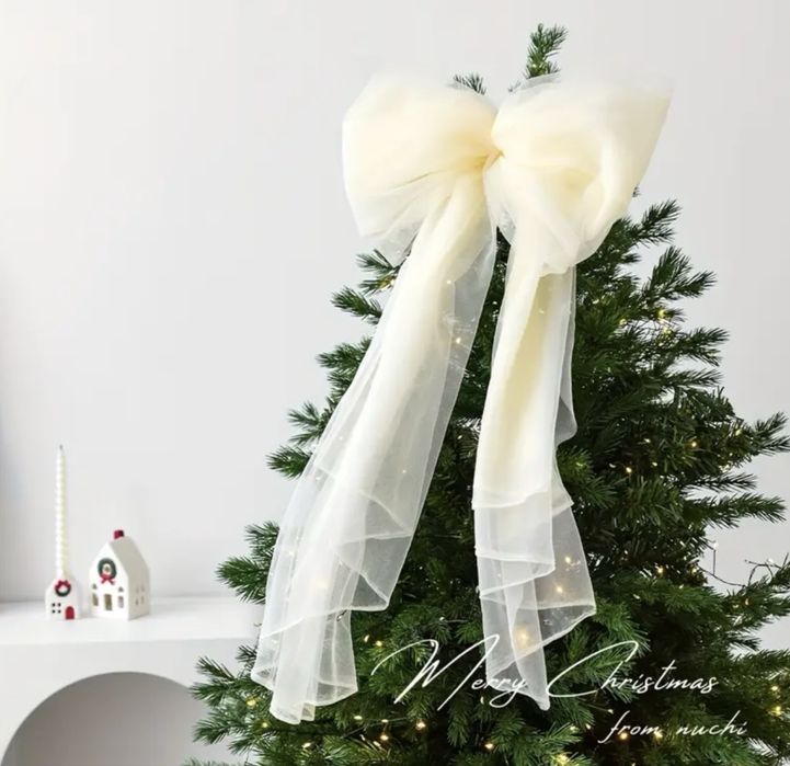 Різдвяна стрічка! Різдвяний бант на ялинку. Червоний та кремовий/білий