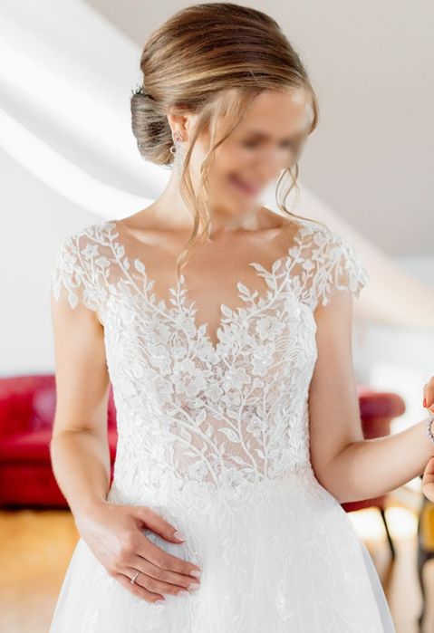 Piękna suknia ślubna księżniczka literka A koronka tiul klasyczna 36 S