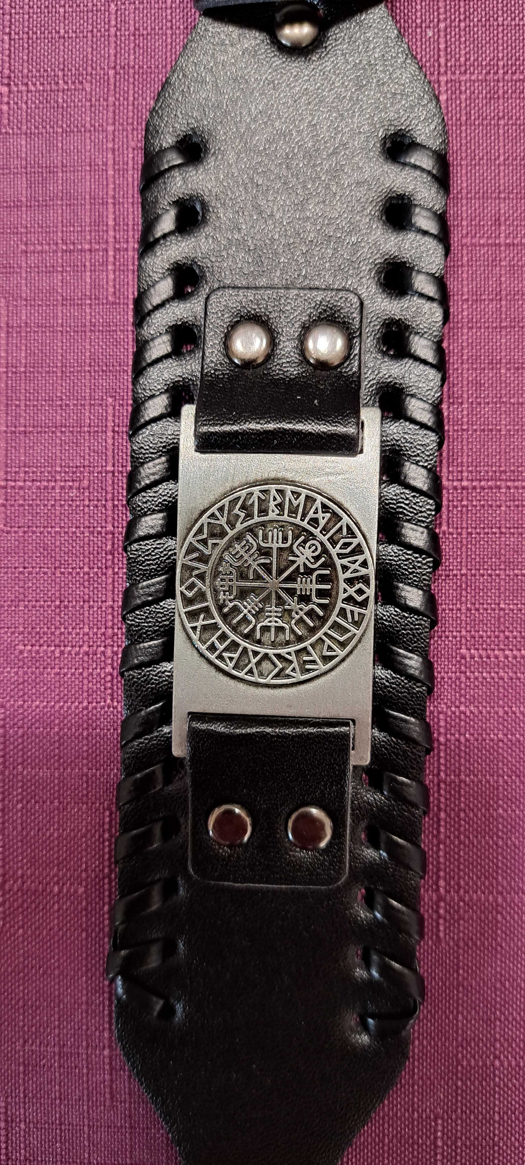 Bransoleta Wikingów ze znakiem Vegvisir, czarna skórzana