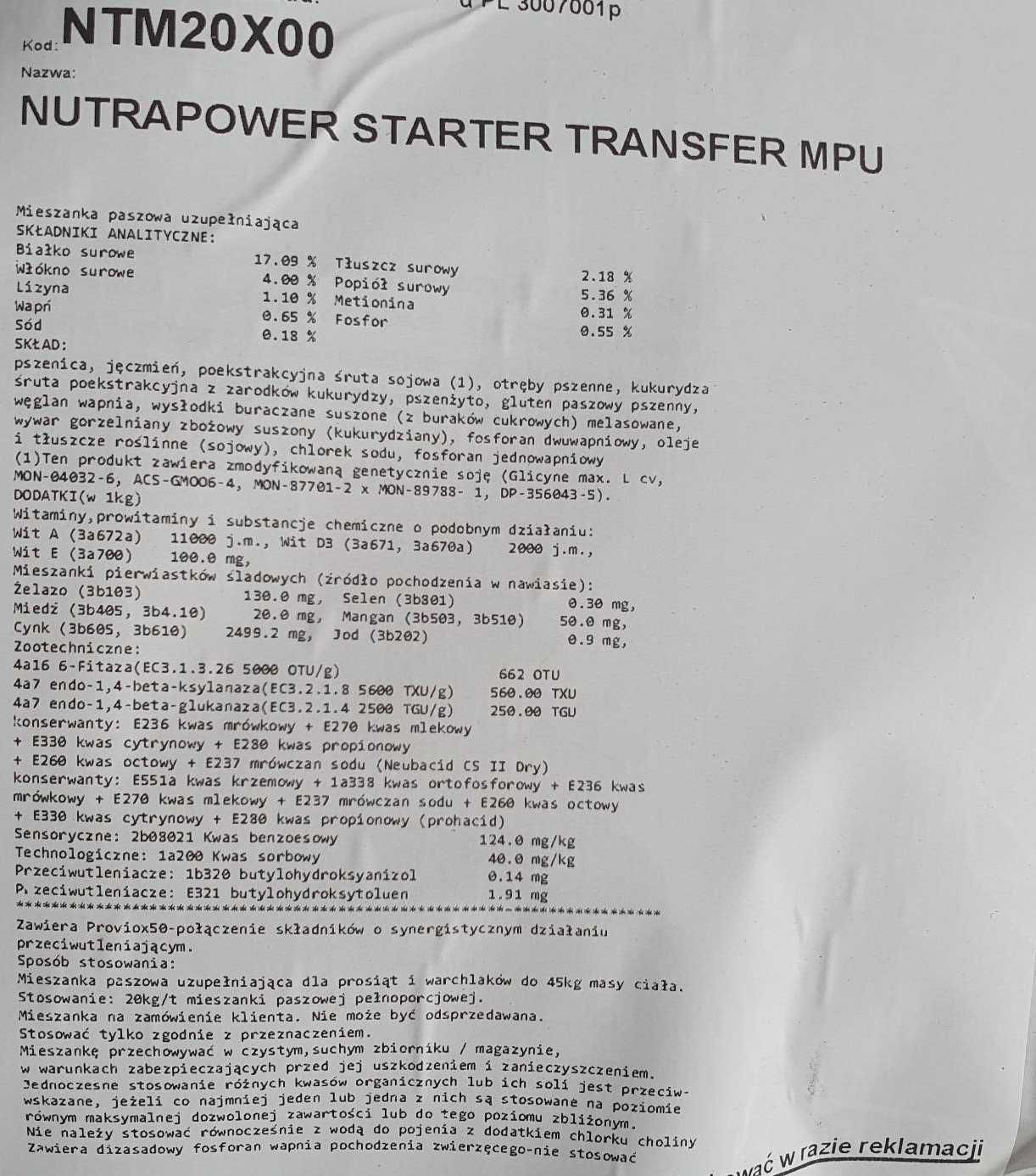 NUTRAPOWER STARTER Transfer MPU - Mieszanka paszowa uzupełniająca 25kg