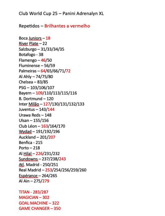 Troco cartas da Caderneta 'Club World Cup 25 - Adrenalyn XL Panini'