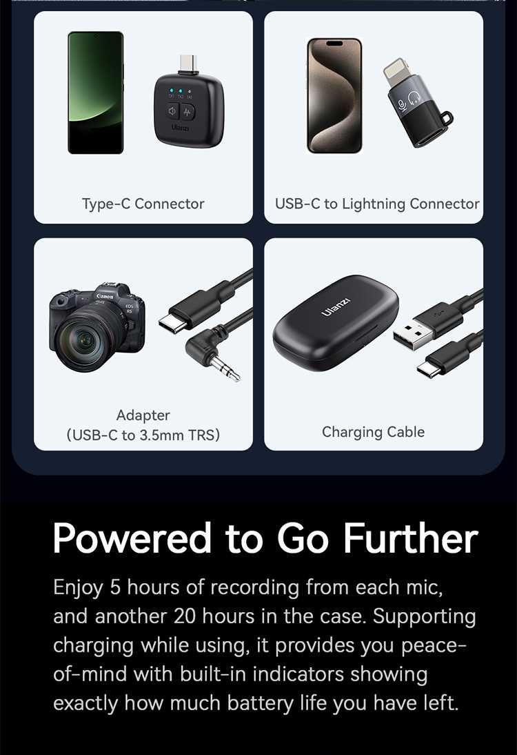 2x Mikrofon Bezprzewodowy ULANZI A30 3w1 na USB-C Lightning Mini Jack
