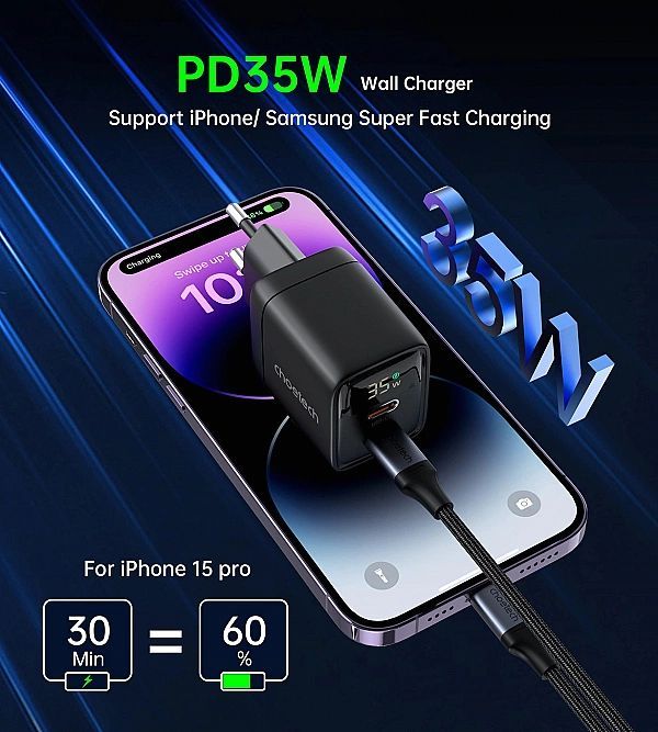 Ładowarka sieciowa Choetech Pd6051 Usb-c Usb-c Pd 35w GaN z wyświetlac
