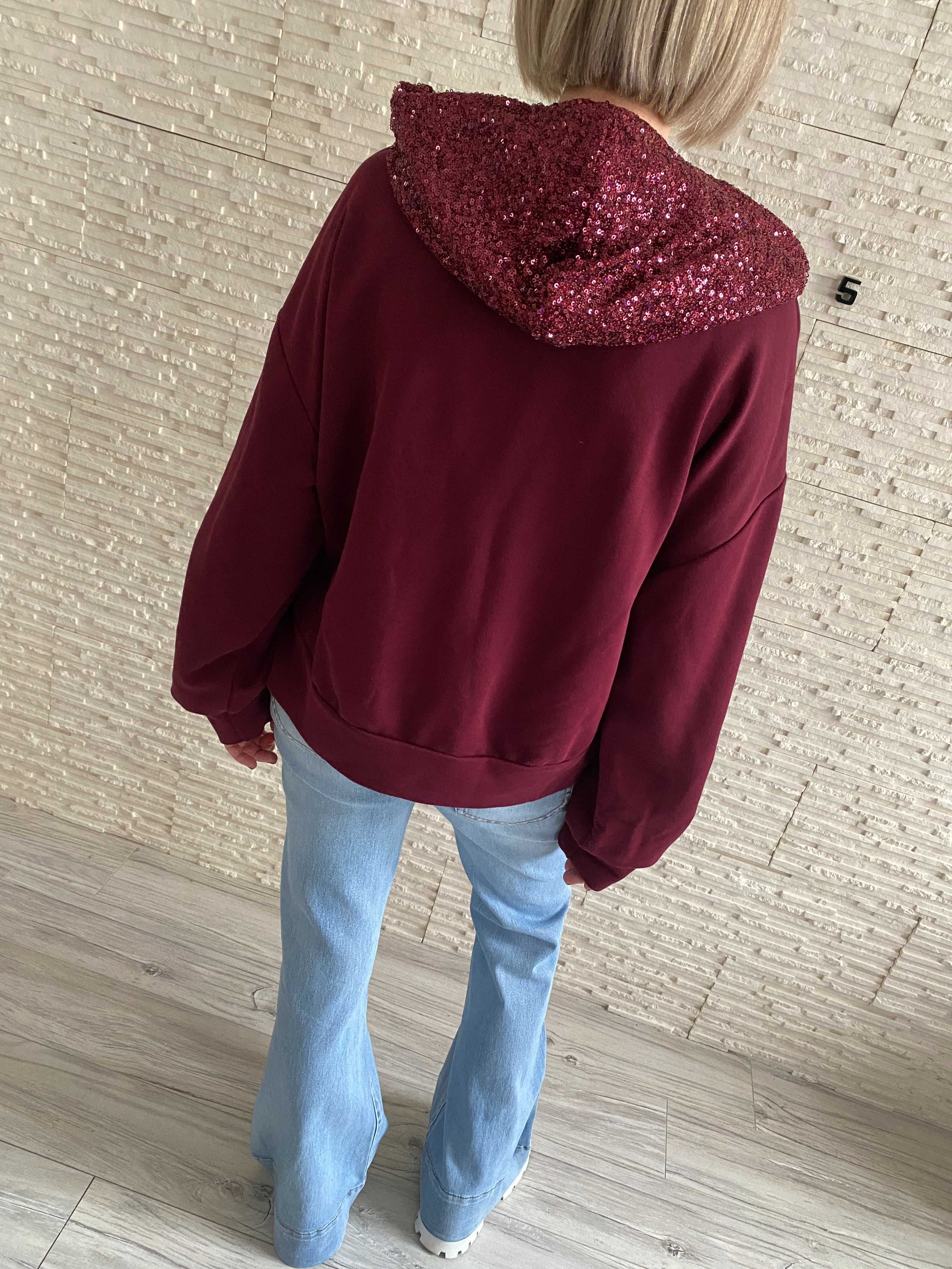 Mihos nowa czadowa bluza bordo kaptur cekiny napis Uni