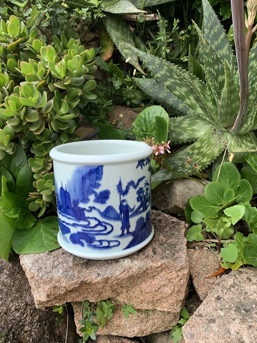 Cachepot Floreira Azul & Branco Porcelana Oriental