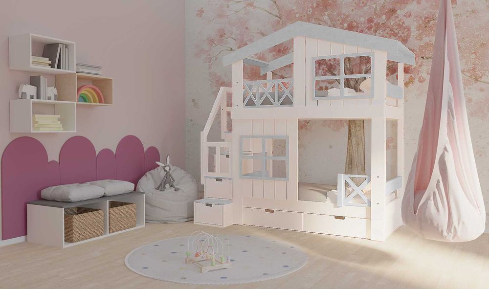 Łóżko piętrowe domek ze schodami Łóżko dla rodzeństwa