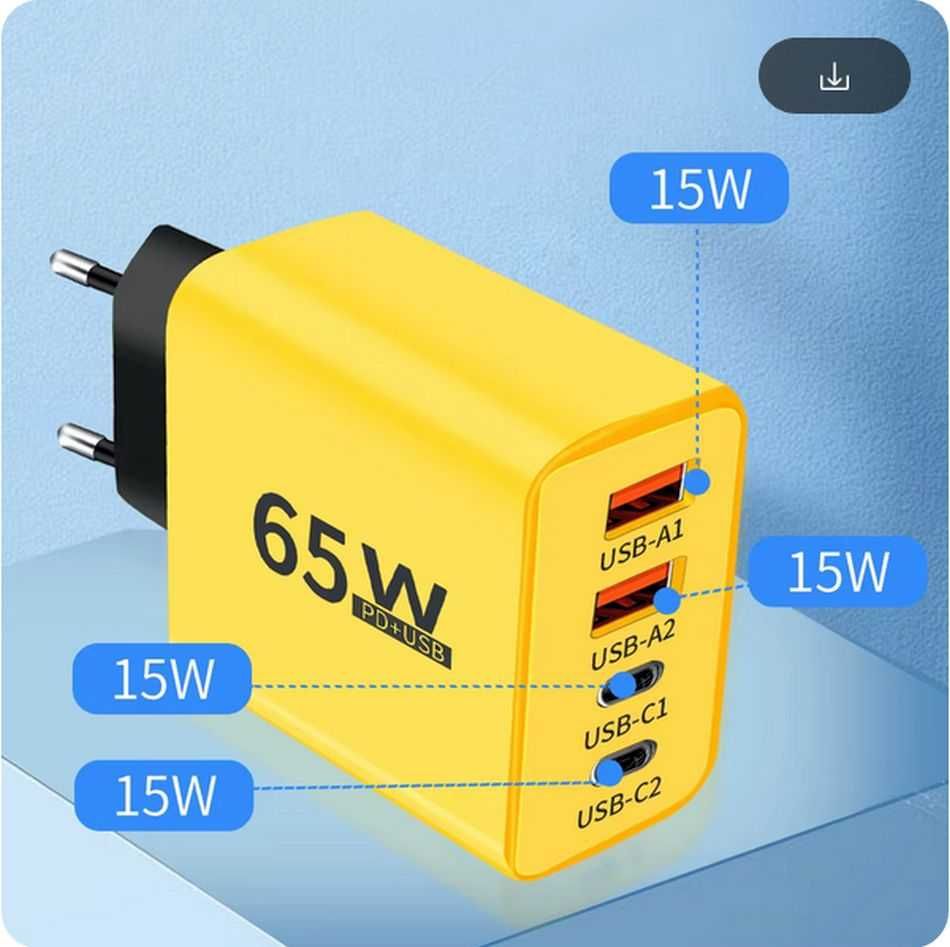 Ładowarka sieciowa USB: 2x USB C i 2x USB A 65W żółta