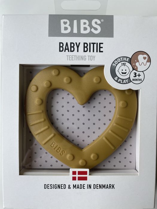 BIBS nowy sensoryczny gryzak dla niemowląt serce musztardowy