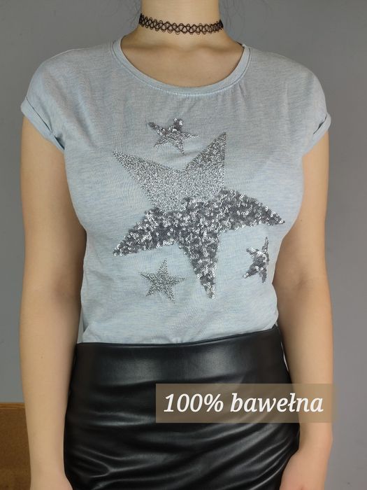 Błękitna koszulka na lato bluzka t-shirt w gwiazdki bawełniana bawełna