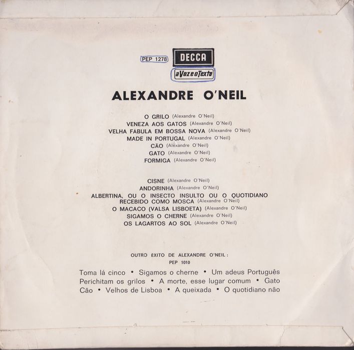 Alexandre O 'Neill - Disco Vinil - Os Bichos….tambem são gente!