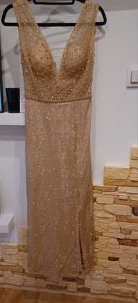 Suknia ślubna z cekinami perełkami brokatowa złota beżowa