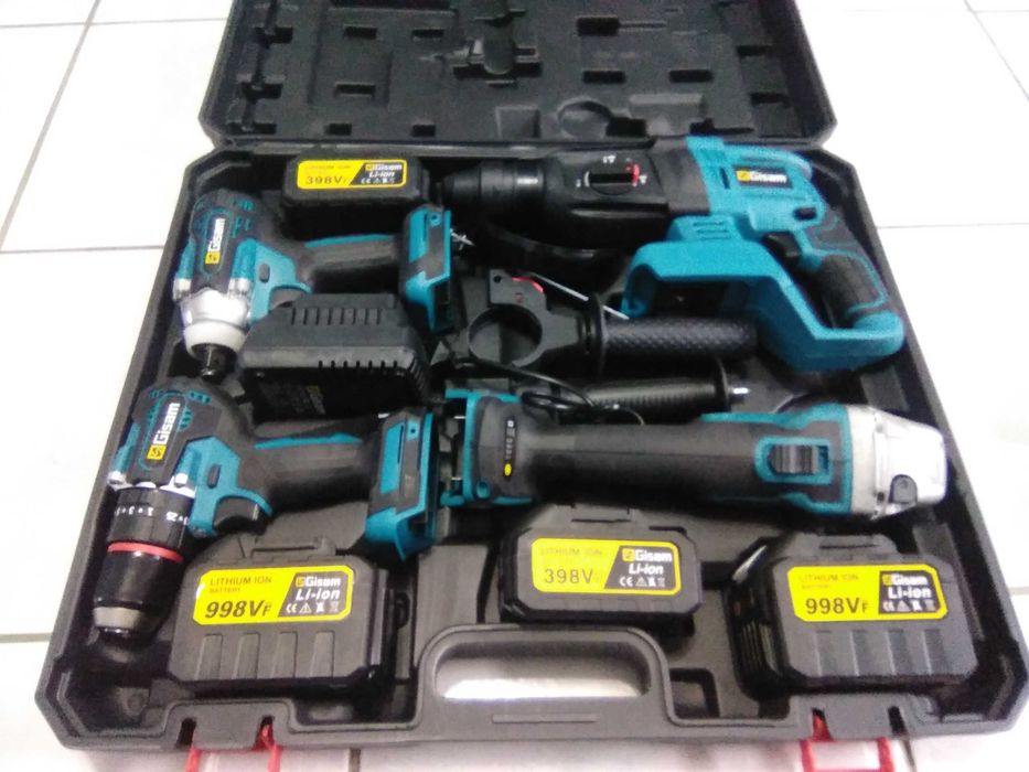 Conjunto de 4 ferramentas: 4 baterias, 2 carregadores,