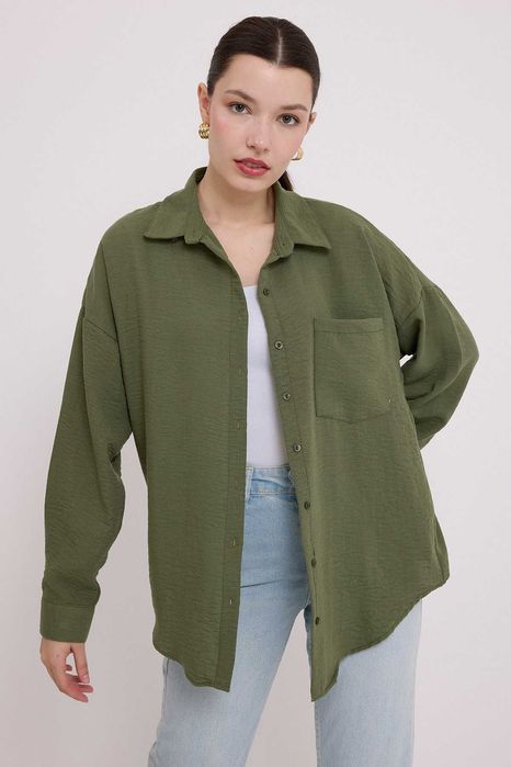 Koszula oversize z jedną kieszenią - khaki S