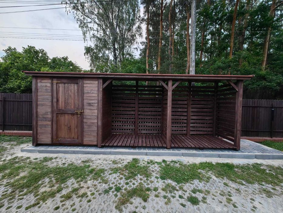 Drewutnia z domkiem narzędziowym 6x1,1m, wiata na drewno opałowe