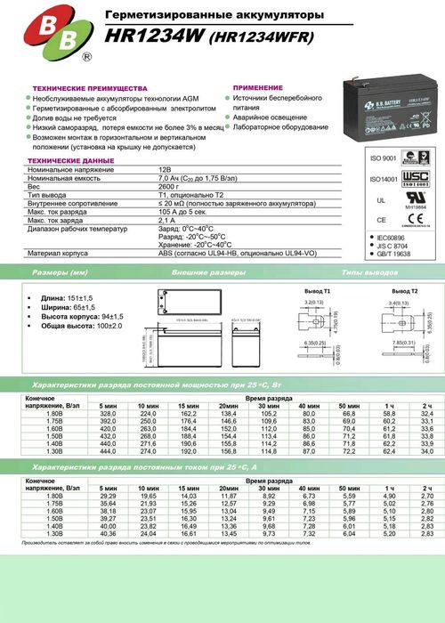 Акумулятор BB Battery HR1234W AGM 12В 7Аг