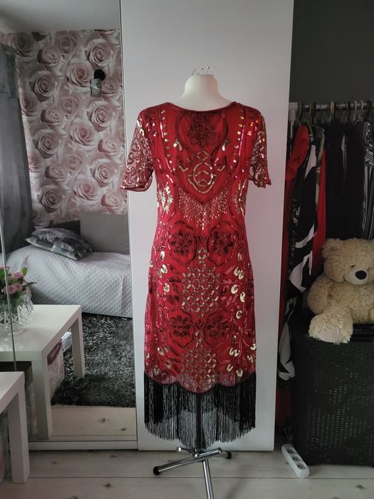 Czerwona cekinowa sukienka, lata 20, r.46, Andrzejki, Sylwester