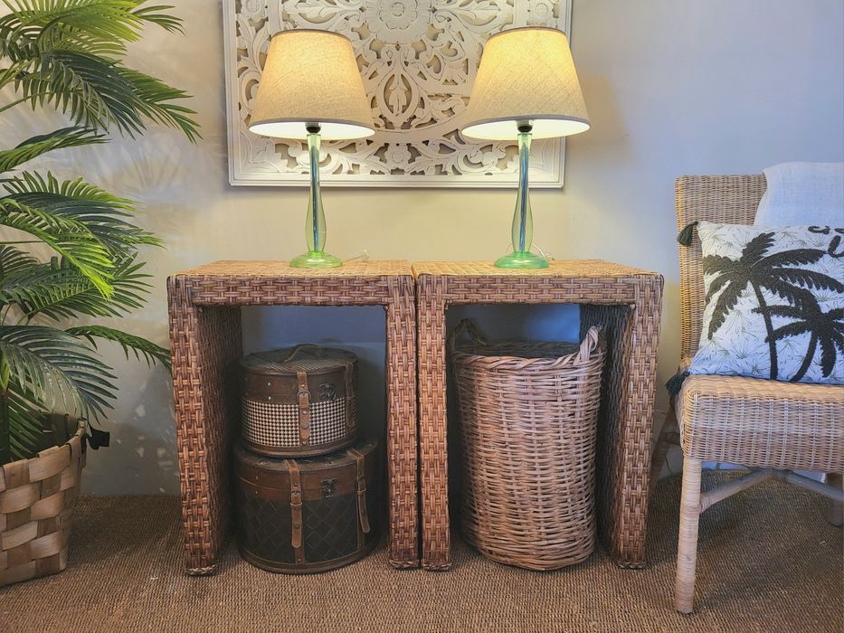 2 mesas, apoio, cabeceira, consola, rattan, verga, rustico