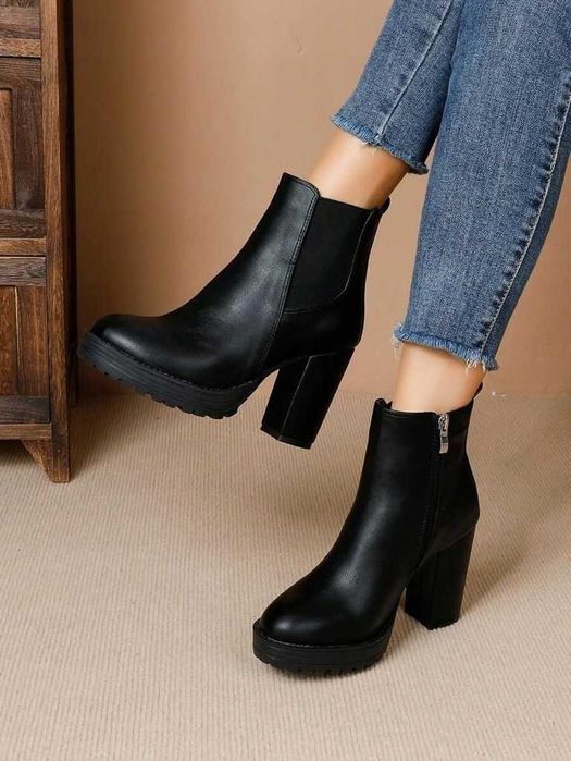 Czarne Botki Obcas Słupek Platformy Zip Eleganckie Modne Klasyczne 39