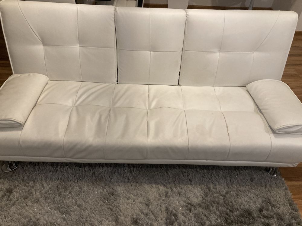 Sofa kanapa 3 osobowa z funkcją spania i barek biała ekoskóra 160x200