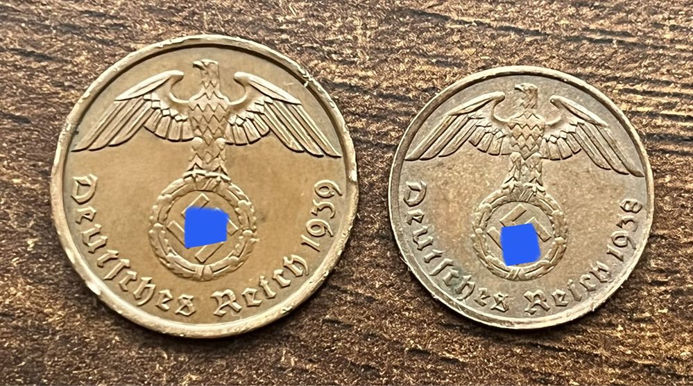 2 Reichspfennig 1939 r 1 Reichspfennig 1938 rok