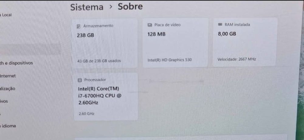 Portátil Dell i7 6ªgeração RAM 8Gb SSd NVMe 256Gb