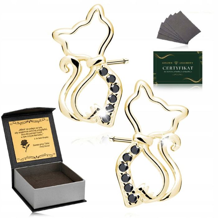 Złote Kolczyki Damskie Kotki Z Cyrkoniami Srebro 925 Pozłacane + Grawe