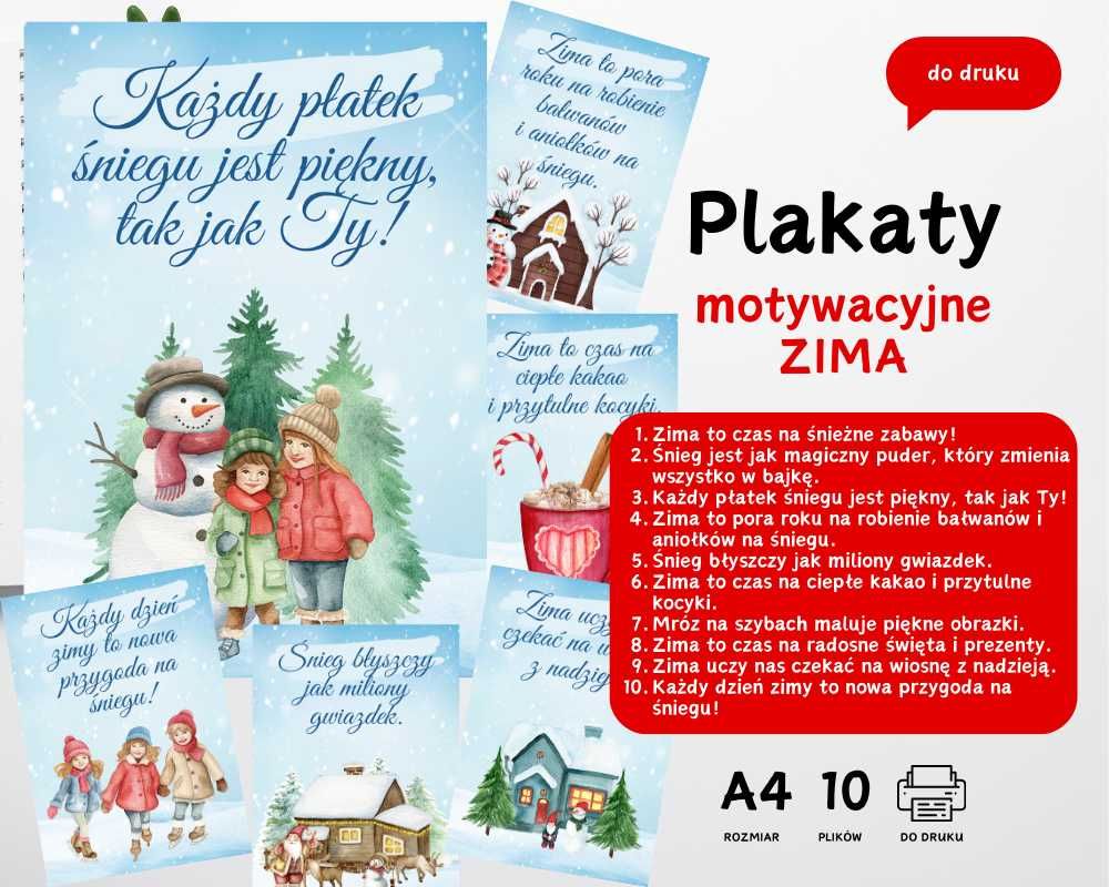 Plakaty motywacyjne dla dzieci do druku A4 – Zima