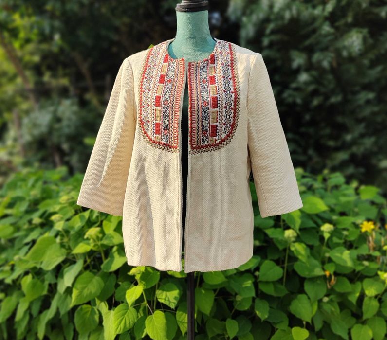 Kurtka marynarka narzutka Mango XL boho bohemian etno beż haft folk