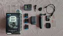 GoPro Hero8 black + hub ładujący + 3 akumulatory + uchwyt + szkiełka