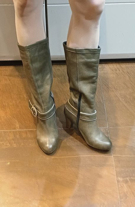 Kozaki 38, skóra, khaki