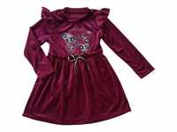 Sukienka welurowa dla dziewczynki bordowa motyl nowy 122-128