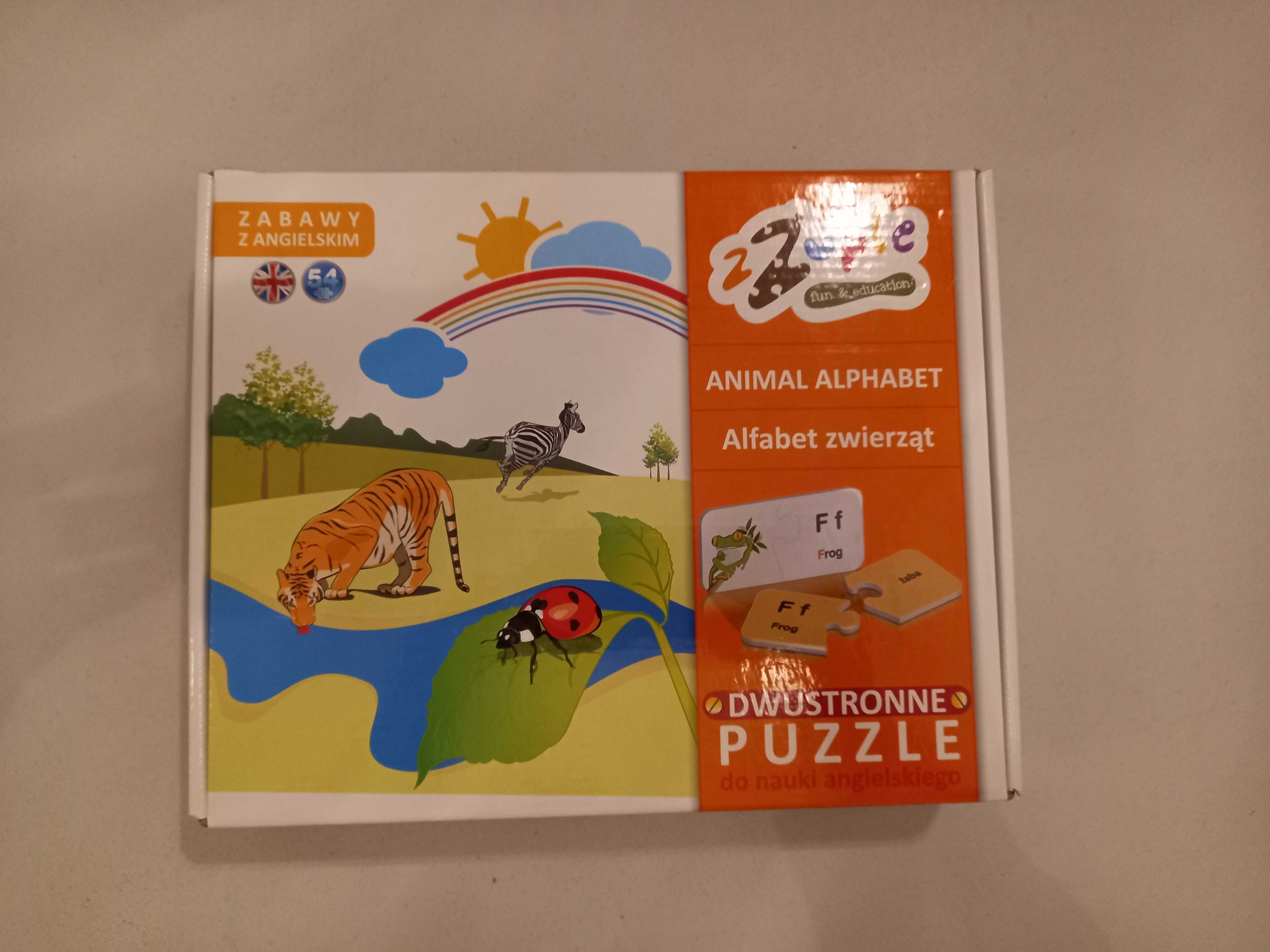 Dwustronne Puzzle angielsko-polskie - Alfabet zwierząt - stan bdb!