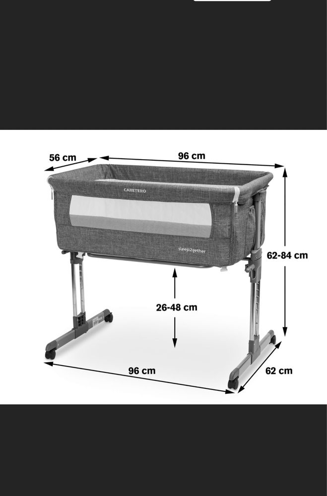 Dostawka Caretero Sleep2gether Łóżeczko Dostawne + Materacyk Grafitowe