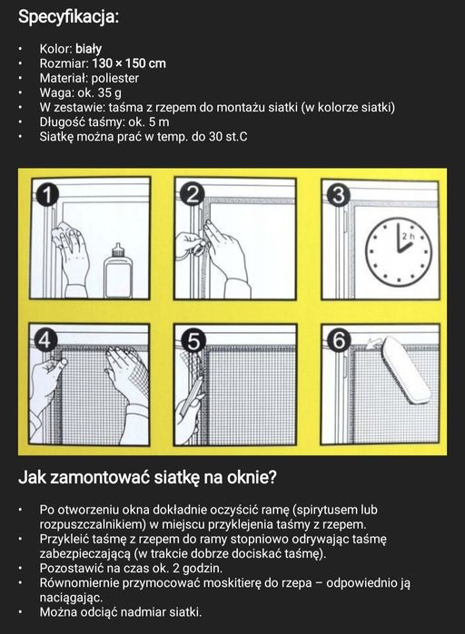 Moskitiera okienna na okno 130x150 biała