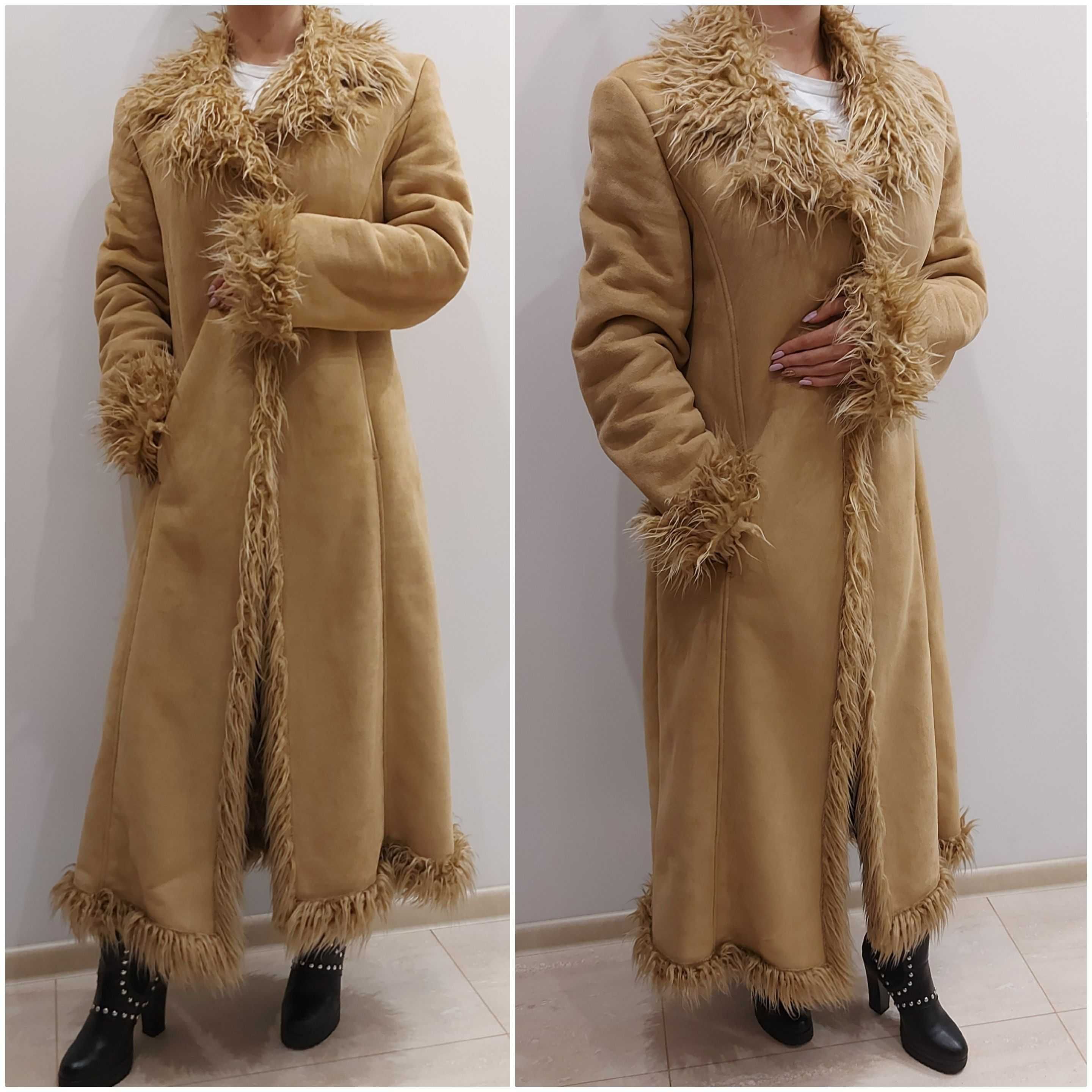 Płaszcz M 38 futro kurtka parka katana kardigan vintage kożuch camel