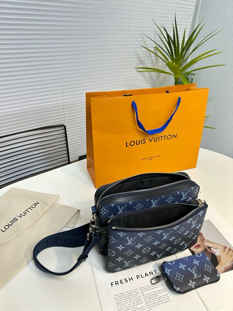 Louis Vuitton trio messenger сумка 3v1, 3в1 мужская синяя кожаная