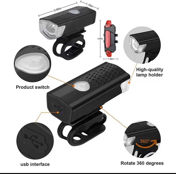 Zestaw lampki rowerowe led przednia tylnia zestaw nowe aku usb
