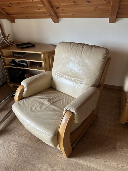 OKAZJA Nowoczesny Komplet SOFA dwa FOTELE KLER wypoczynek skóra drewno