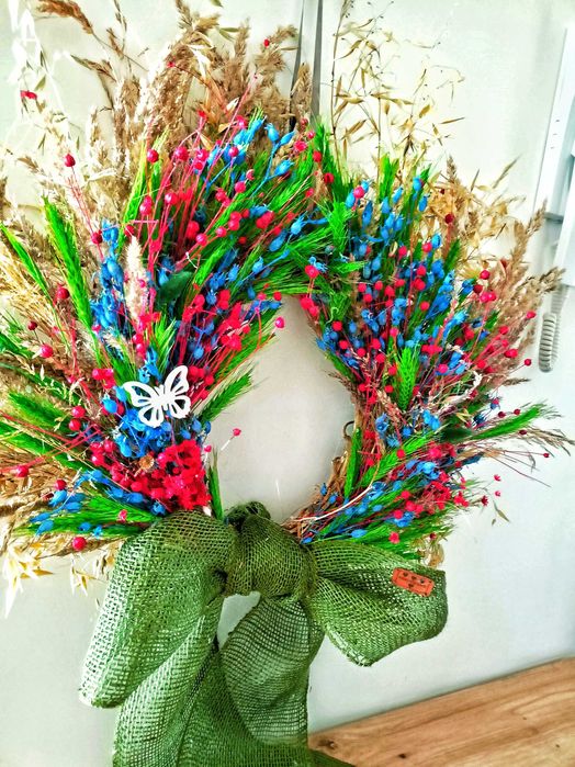 Duży folkowy wieniec rustykalny – dekoracja handmade