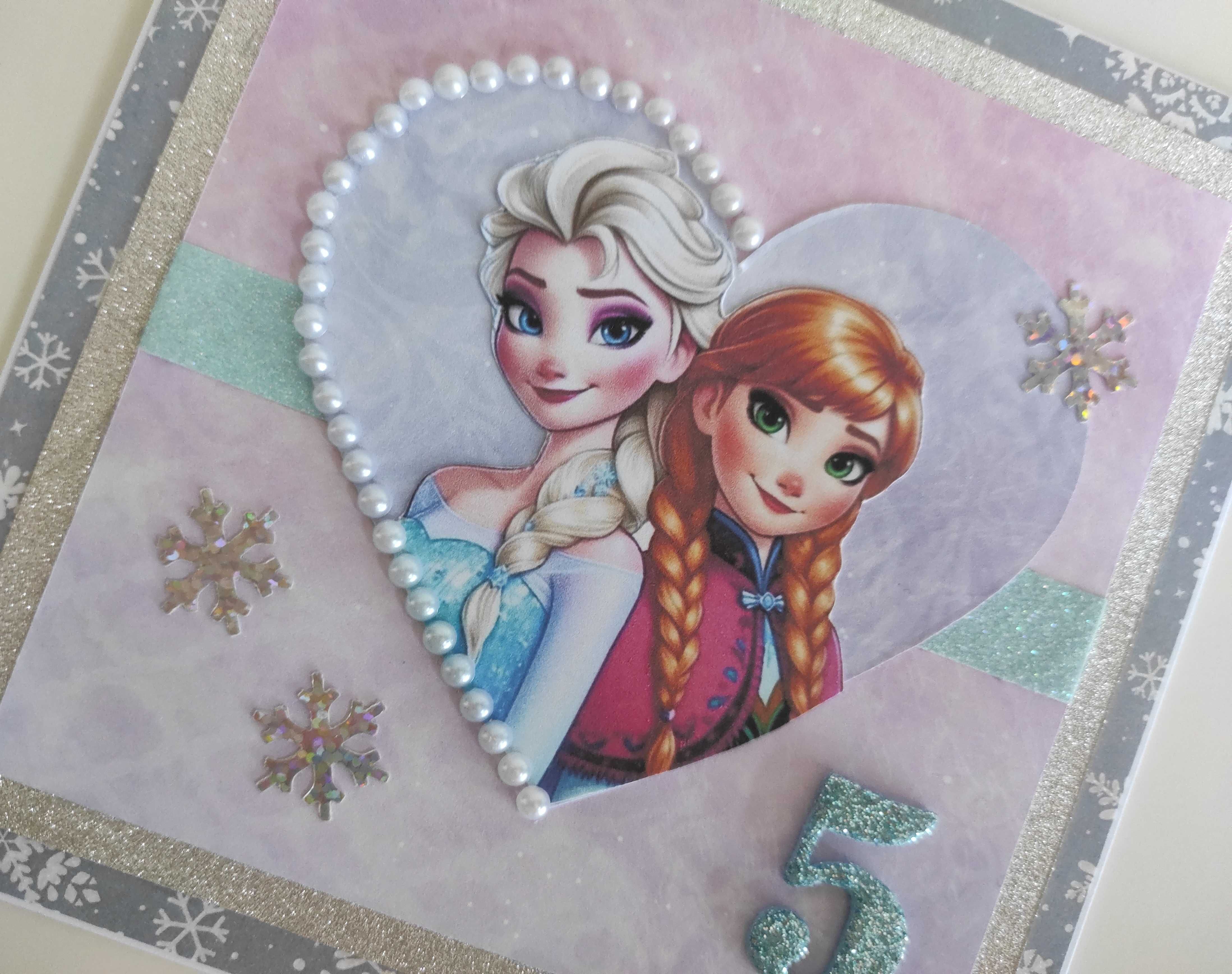 Kartka ręcznie robiona na urodziny Kraina Lodu Anna i Elsa