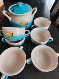 Zestaw waza i 6 miseczek kremowo niebieskie (1S)