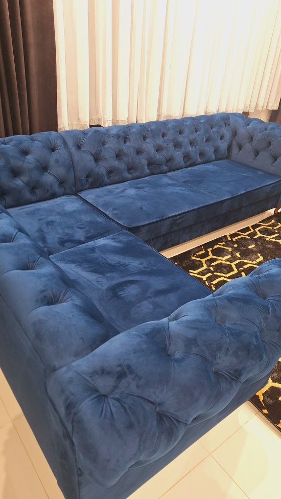 Narożnik glamour granat niebieski welur chesterfield nowy