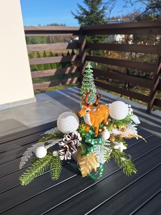 Stroik zimowy z jelonkiem, choinką, Stroik świąteczny