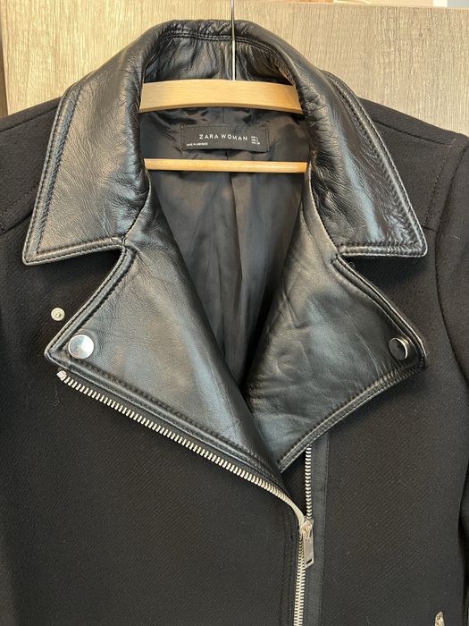Стильне вовняне пальто від zara з вставками натуральної шкір