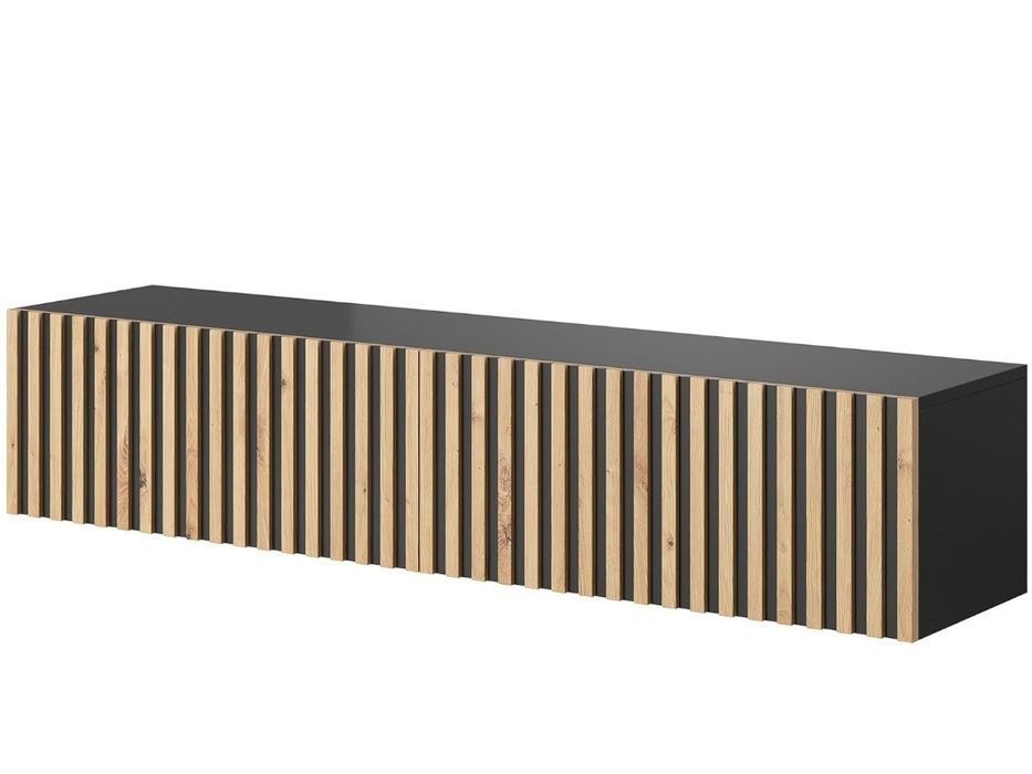 Szafka RTV Telire czarna z lamelowym frontem dąb artisan