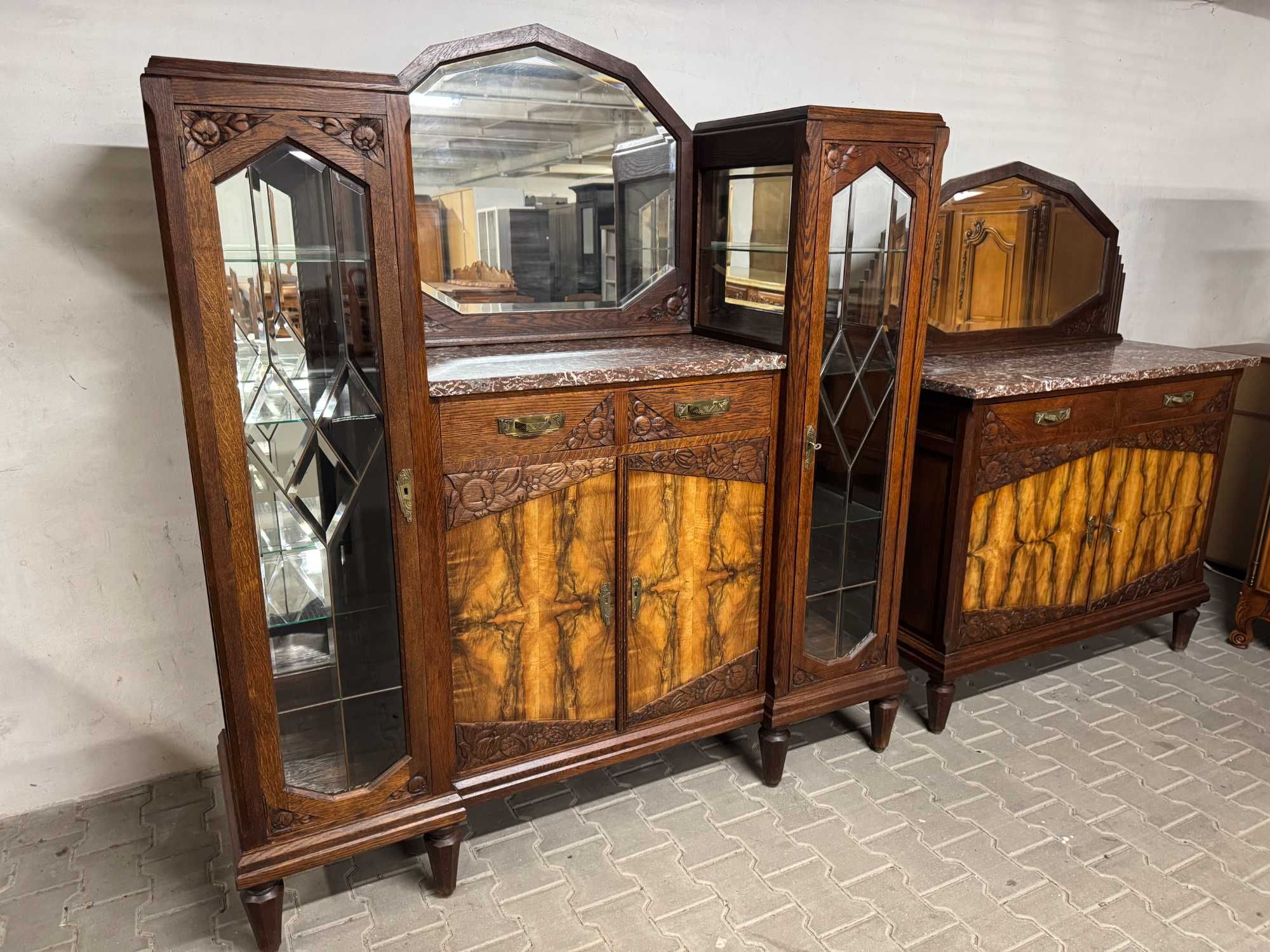 Zestaw mebli do jadalni Art Deco kredens stół komoda orzech marmur